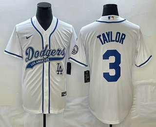 Men's Los Angeles Dodgers #3 Chris Taylor White With Patch Cool Base Stitched Baseball Jersey 01