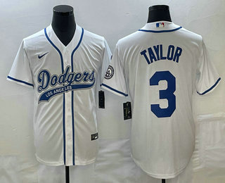 Men's Los Angeles Dodgers #3 Chris Taylor White With Patch Cool Base Stitched Baseball Jersey 02