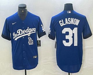 Men's Los Angeles Dodgers #31 Tyler Glasnow Blue 2021 City Connect Cool Base Stitched Jersey 02