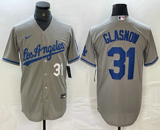 Men's Los Angeles Dodgers #31 Tyler Glasnow Gray Alternate Player Number Team Logo Cool Base Jersey 01