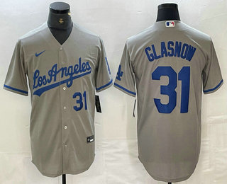 Men's Los Angeles Dodgers #31 Tyler Glasnow Gray Alternate Player Number Team Logo Cool Base Jersey 02