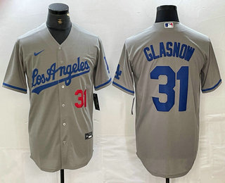 Men's Los Angeles Dodgers #31 Tyler Glasnow Gray Alternate Player Number Team Logo Cool Base Jersey 03