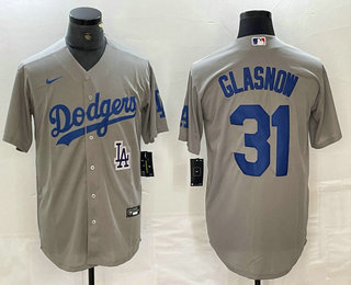 Men's Los Angeles Dodgers #31 Tyler Glasnow Grey Stitched Cool Base Nike Jersey 02