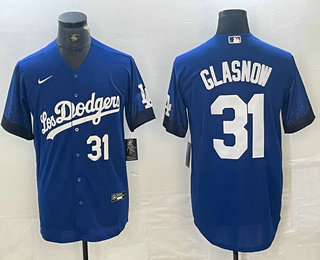 Men's Los Angeles Dodgers #31 Tyler Glasnow Number Blue 2021 City Connect Cool Base Stitched Jersey 01