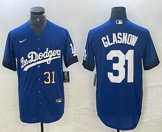 Men's Los Angeles Dodgers #31 Tyler Glasnow Number Blue 2021 City Connect Cool Base Stitched Jersey 02