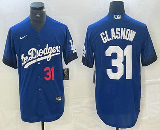 Men's Los Angeles Dodgers #31 Tyler Glasnow Number Blue 2021 City Connect Cool Base Stitched Jersey 03