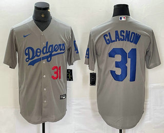 Men's Los Angeles Dodgers #31 Tyler Glasnow Number Grey Stitched Cool Base Nike Jersey 01