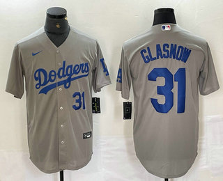 Men's Los Angeles Dodgers #31 Tyler Glasnow Number Grey Stitched Cool Base Nike Jersey 02