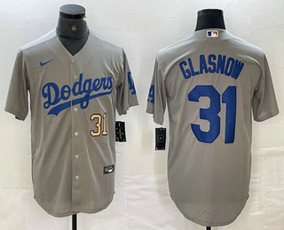 Men's Los Angeles Dodgers #31 Tyler Glasnow Number Grey Stitched Cool Base Nike Jersey 03