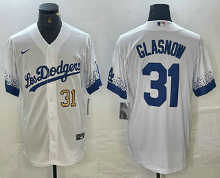 Men's Los Angeles Dodgers #31 Tyler Glasnow Number White 2021 City Connect Cool Base Stitched Jersey 01