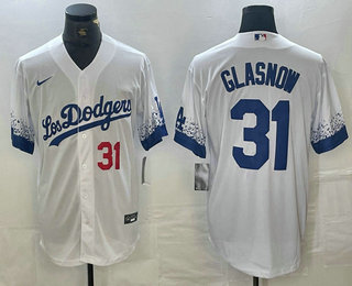 Men's Los Angeles Dodgers #31 Tyler Glasnow Number White 2021 City Connect Cool Base Stitched Jersey 02