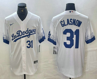 Men's Los Angeles Dodgers #31 Tyler Glasnow Number White 2021 City Connect Cool Base Stitched Jersey 03