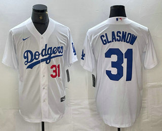 Men's Los Angeles Dodgers #31 Tyler Glasnow Number White Stitched Cool Base Nike Jersey 02