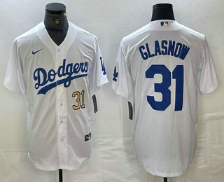 Men's Los Angeles Dodgers #31 Tyler Glasnow Number White Stitched Cool Base Nike Jersey 03