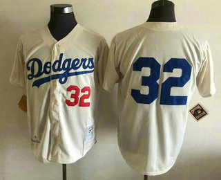 Men's Los Angeles Dodgers #32 Sandy Koufax Name Cream Throwback Jersey