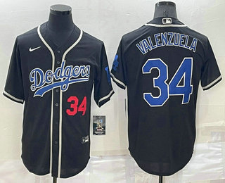 Men's Los Angeles Dodgers #34 Fernando Valenzuela Black Blue Name Stitched MLB Cool Base Nike Jersey