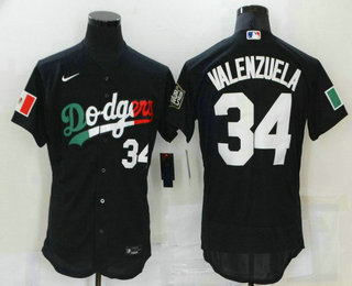 Men's Los Angeles Dodgers #34 Fernando Valenzuela Black Mexico 2020 World Series Flex Base Nike Jersey