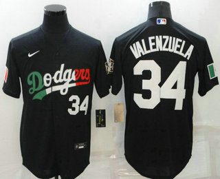 Men's Los Angeles Dodgers #34 Fernando Valenzuela Black Mexico 2020 World Series Flex Base Nike Jersey