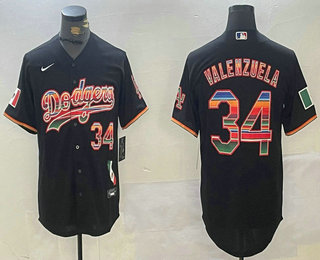 Men's Los Angeles Dodgers #34 Fernando Valenzuela Black Rainbow Mexico Cool Base Stitched Fashion Jersey