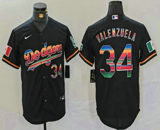 Men's Los Angeles Dodgers #34 Fernando Valenzuela Black Rainbow Mexico Cool Base Stitched Jersey