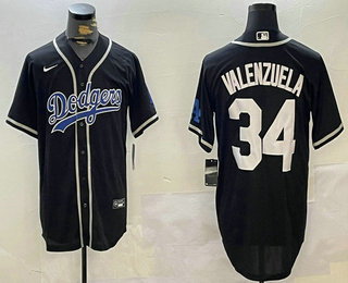 Men's Los Angeles Dodgers #34 Fernando Valenzuela Black With Patch Cool Base Stitched Baseball Jersey 001