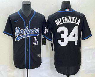 Men's Los Angeles Dodgers #34 Fernando Valenzuela Black With Patch Cool Base Stitched Baseball Jersey 01