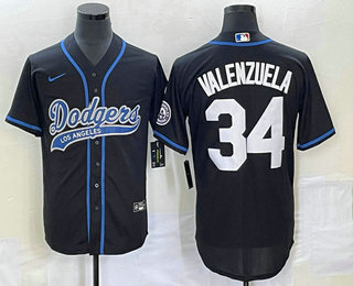 Men's Los Angeles Dodgers #34 Fernando Valenzuela Black With Patch Cool Base Stitched Baseball Jersey 02