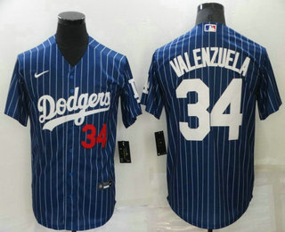 Men's Los Angeles Dodgers #34 Fernando Valenzuela Blue Pinstripe Stitched MLB Cool Base Nike Jersey