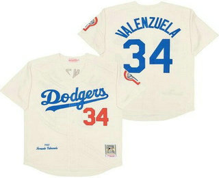 Men's Los Angeles Dodgers #34 Fernando Valenzuela Cream 1981 Throwback Jersey