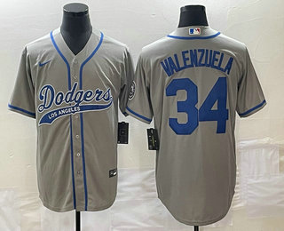 Men's Los Angeles Dodgers #34 Fernando Valenzuela Grey With Patch Cool Base Stitched Baseball Jersey 01