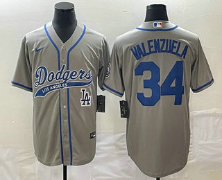 Men's Los Angeles Dodgers #34 Fernando Valenzuela Grey With Patch Cool Base Stitched Baseball Jersey 02