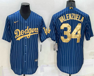 Men's Los Angeles Dodgers #34 Fernando Valenzuela Navy Blue Gold Pinstripe Stitched MLB Cool Base Nike Jersey