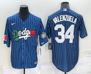 Men's Los Angeles Dodgers #34 Fernando Valenzuela Navy Blue Pinstripe 2020 World Series Cool Base Nike Jersey