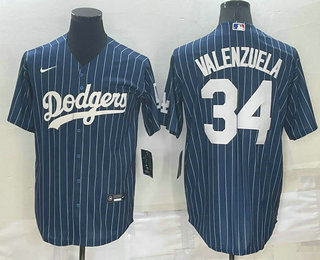 Men's Los Angeles Dodgers #34 Fernando Valenzuela Navy Blue Pinstripe Stitched MLB Cool Base Nike Jersey