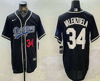 Men's Los Angeles Dodgers #34 Fernando Valenzuela Number Black With Patch Cool Base Stitched Baseball Jersey 001