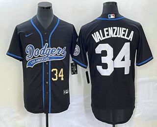 Men's Los Angeles Dodgers #34 Fernando Valenzuela Number Black With Patch Cool Base Stitched Baseball Jersey 01