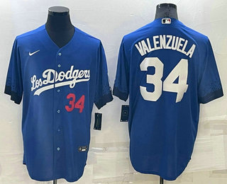 Men's Los Angeles Dodgers #34 Fernando Valenzuela Number Blue 2021 City Connect Cool Base Stitched Jersey