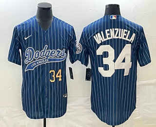 Men's Los Angeles Dodgers #34 Fernando Valenzuela Number Blue Pinstripe Cool Base Stitched Baseball Jersey