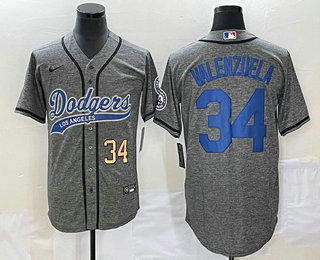 Men's Los Angeles Dodgers #34 Fernando Valenzuela Number Grey Gridiron Cool Base Stitched Baseball Jersey