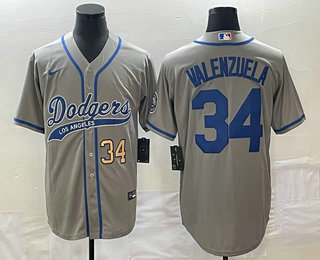 Men's Los Angeles Dodgers #34 Fernando Valenzuela Number Grey With Patch Cool Base Stitched Baseball Jersey 01