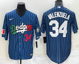 Men's Los Angeles Dodgers #34 Fernando Valenzuela Number Navy Blue Pinstripe 2020 World Series Cool Base Nike Jersey