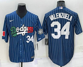 Men's Los Angeles Dodgers #34 Fernando Valenzuela Number Navy Blue Pinstripe Mexico 2020 World Series Cool Base Nike Jersey