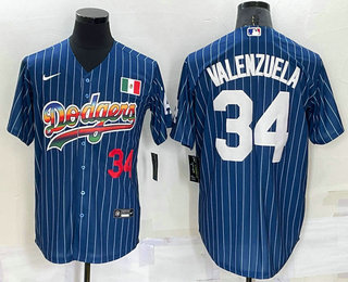 Men's Los Angeles Dodgers #34 Fernando Valenzuela Number Rainbow Blue Red Pinstripe Mexico Cool Base Nike Jersey 01