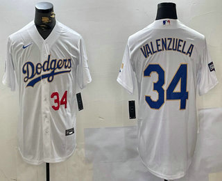 Men's Los Angeles Dodgers #34 Fernando Valenzuela Number White Gold Championship Stitched Cool Base Nike Jersey