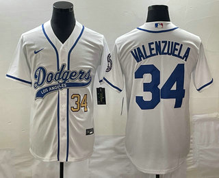 Men's Los Angeles Dodgers #34 Fernando Valenzuela Number White With Patch Cool Base Stitched Baseball Jersey 01