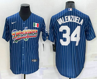 Men's Los Angeles Dodgers #34 Fernando Valenzuela Rainbow Blue Red Pinstripe Mexico Cool Base Nike Jersey