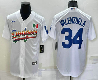 Men's Los Angeles Dodgers #34 Fernando Valenzuela Rainbow White Mexico Cool Base Nike Jersey