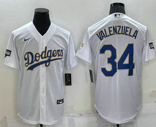 Men's Los Angeles Dodgers #34 Fernando Valenzuela White Gold Championship Stitched MLB Cool Base Nike Jersey