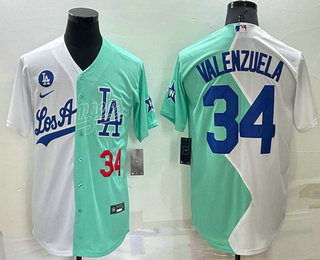 Men's Los Angeles Dodgers #34 Fernando Valenzuela White Green Number 2022 Celebrity Softball Game Cool Base Jersey 01