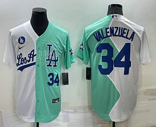 Men's Los Angeles Dodgers #34 Fernando Valenzuela White Green Number 2022 Celebrity Softball Game Cool Base Jersey 02